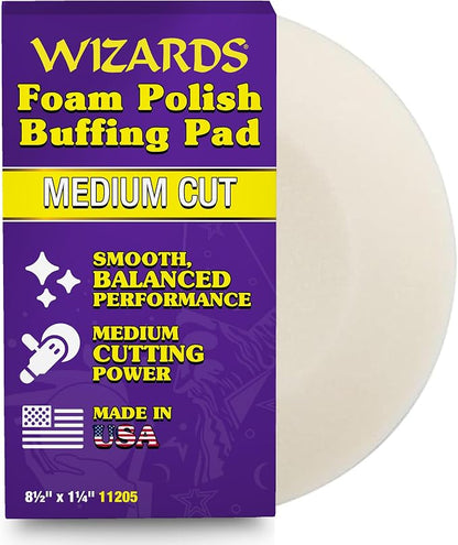 Wizards Foam Polish Buffing Pad - Velcro Backed, Medium Cutting Foam Pad for Car Detailing - ‎No Splatter High Density Foam for Auto Detailing Supplies - 8½" x 1¼"