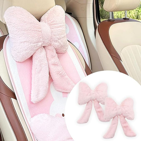 Car Neck Pillow 2PCS Plush Bowknot Car Headrest Pillow – Comfortable Neck Support for Driving Soft Touch Fabric Car Pillow Cute Interior Decor (Pink)