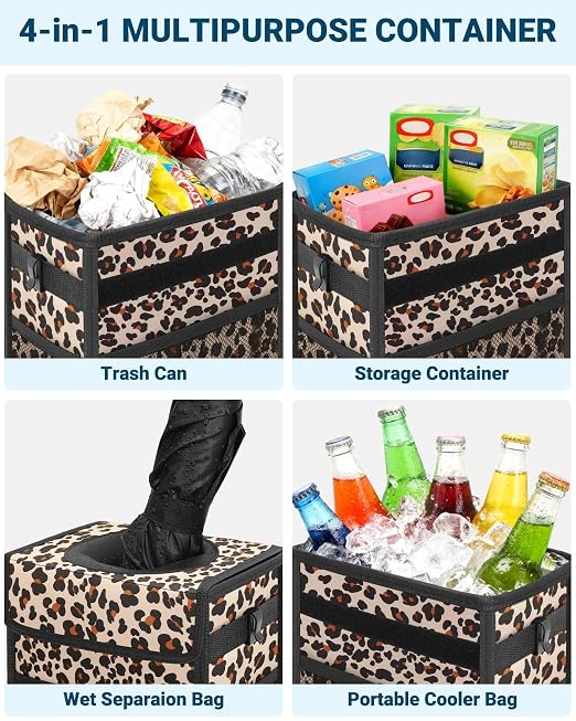 Capolo Car Trash Can with Lid, Leakproof Car Trash Bag Hanging Waterproof Automotive Garbage Can with Storage Pockets Mini Vehicle Trash Bin for Back/Front Seat(Leopard,2.5 Gallon)