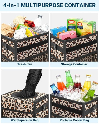 Capolo Car Trash Can with Lid, Leakproof Car Trash Bag Hanging Waterproof Automotive Garbage Can with Storage Pockets Mini Vehicle Trash Bin for Back/Front Seat(Leopard,2.5 Gallon)