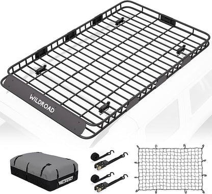 Wildroad Roof Rack Cargo Basket, Upgraded 4” Fence Wide Car Roof Basket Combo, 84"x 50"x 4" Universal Roof Cargo Carrier Basket with Cargo Bag, Cargo Net and Ratchet Straps Fits for SUV Truck Cars