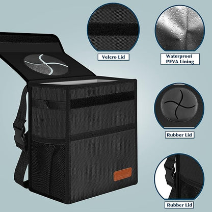 Femuar Leak Proof Car Trash Can with Lid - Waterproof Automotive Garbage Bin for SUVs, Collapsible and Portable Car Trash Bag, Black