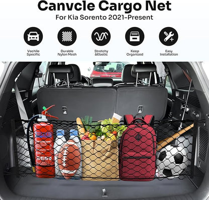Canvcle Trunk Cargo Net for 2021-2025 2026 Kia Sorento Accessories Envelope Style Mesh Trunk Net Organizer and Storage Stretchable Adjustable Elastic Nylon Rear Cargo Netting with Hooks