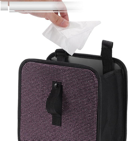 1 Pcs Universal Car Trash Can Hanging 9.1" Length 5.5" Width 9.1" Height Trash Bin Pink Black Fabric Rhinestone
