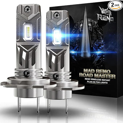 RENO H7 Bulb, H7 Fog Light 6500K White Fanless In Line Auxiliary Fog Bulbs Plug and Play, Pack of 2