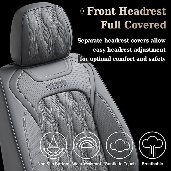Coverado Car Seat Cover Full Set, Front and Back Seat Covers for Cars, 5 Seats Luxury Leather Seat Covers, Waterproof Car Seat Protectors, Gray Driver Seat Cushions Fit for Most Vehicles