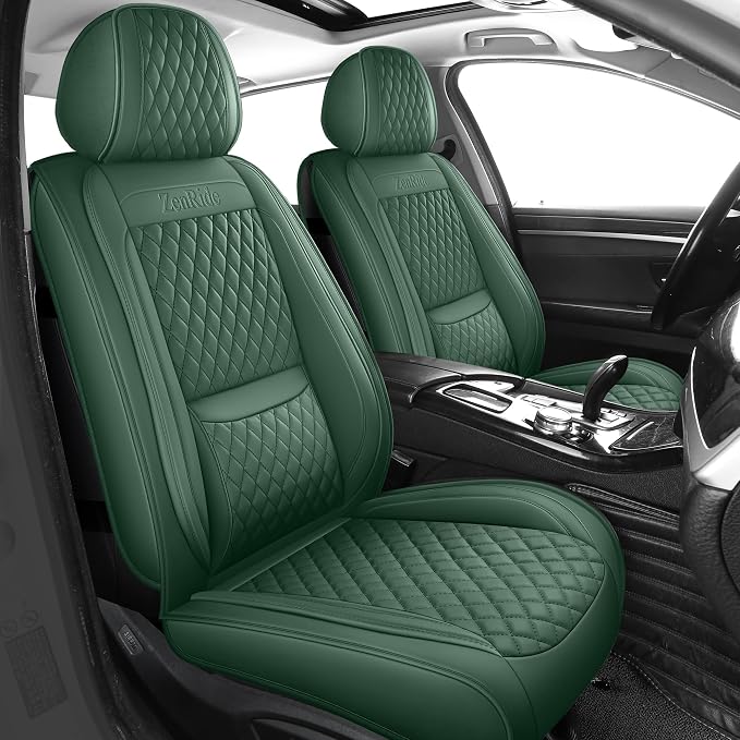 Front Car Seat Covers Set of 2,3D Contoured with Lumbar Support Waterproof Nappa Leather Automotive Seat Covers for SUV Truck Sedan,Universal Anti-Slip Seat Cover with Backrest Style2 Dark Green