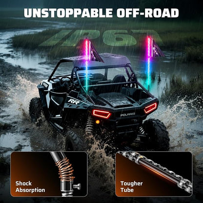 Ehaho 2 PCS 2FT Whip Lights with Spring Base, APP & Remote Control Led Whip Lights for Side by Side, Spiral RGB Chasing Lighted Whips with Rocker Switch, Music Led Whips for UTV ATV RZR SXS Can-Am