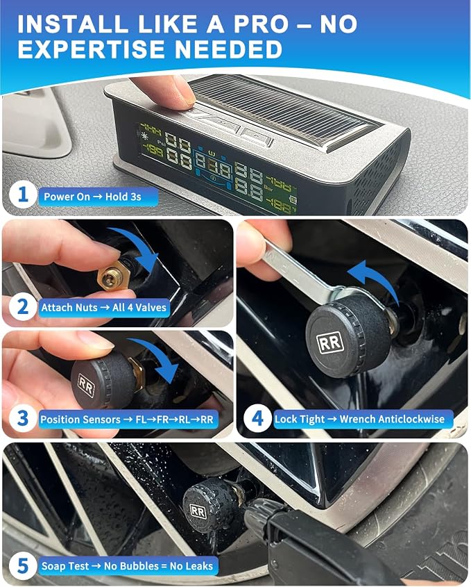 RV Tire Pressure Monitoring System (TPMS) - TPMS Sensors Set of 4 with 6 Alarm Modes | Solar/USB Charger | LCD Display | for RV/Truck/SUV/MPV/Sedan