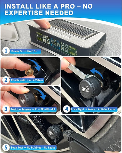 RV Tire Pressure Monitoring System (TPMS) - TPMS Sensors Set of 4 with 6 Alarm Modes | Solar/USB Charger | LCD Display | for RV/Truck/SUV/MPV/Sedan