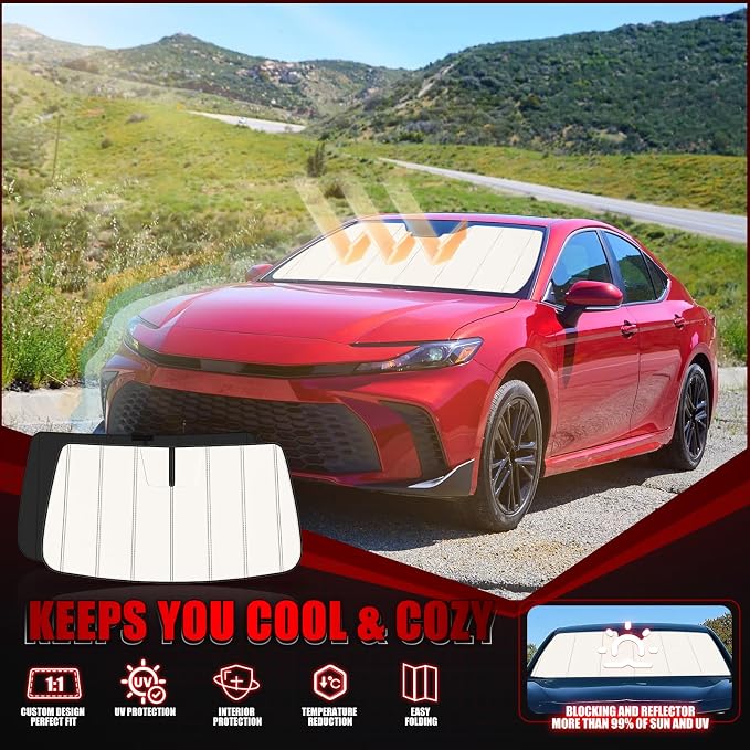 Windshield Sun Shade for Toyota Camry 2025-2026, Front Window Visor Accessories, Folding Design Blocks Heat & UV Rays Maintain Cool Interior and Save Space