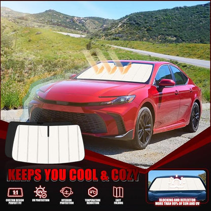 Windshield Sun Shade for Toyota Camry 2025-2026, Front Window Visor Accessories, Folding Design Blocks Heat & UV Rays Maintain Cool Interior and Save Space