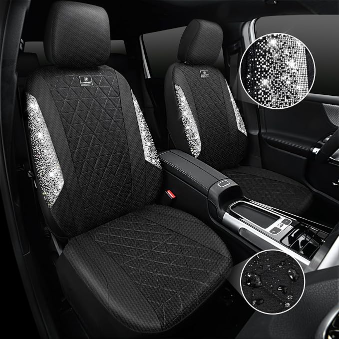 CAR PASS Oxford Bling Diamond Car Seat Covers Full Set Interior Sets, Waterproof Shining Glitter Sparkly Crystal Universal Armrest Fit 95% Automotive Truck SUV Cute Women Girl, Black Silver Rhinestone