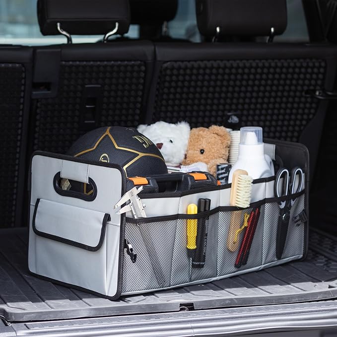 JiatuA Car Trunk Organizer, Car Organizers and Storage Collapsible Multi Compartment Container Box, Adjustable Car Accessories for SUV Sedan Truck, Standard Size, Grey