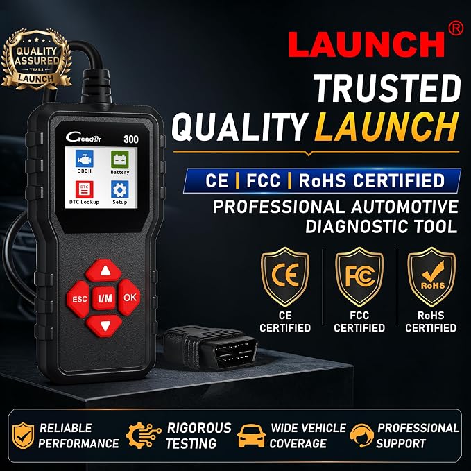 LAUNCH Creader 300 OBD2 Scanner, Car Code Reader with Full 10 OBDII Modes, Read & Clear Codes, Live Data, VIN, Freeze Frame, I/M Readiness, O2 Sensor, DTC Lib, Battery Test for 1996 & Newer Cars