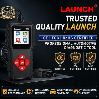 LAUNCH Creader 300 OBD2 Scanner, Car Code Reader with Full 10 OBDII Modes, Read & Clear Codes, Live Data, VIN, Freeze Frame, I/M Readiness, O2 Sensor, DTC Lib, Battery Test for 1996 & Newer Cars