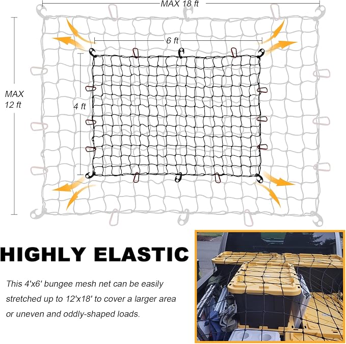 GSPSCN Cargo Net 6' x 4' for Truck Pickup Bed, Trailer,Boat,RV SUV Stretched to 12'x18' Max Roof Rack Net, 4”x4” Mesh Heavy Duty Bungee Cord Netting Compatible with Dodge Ram,Chevy Ford,Toyota