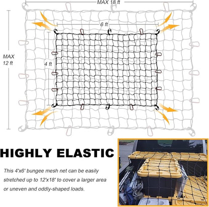 GSPSCN Cargo Net 6' x 4' for Truck Pickup Bed, Trailer,Boat,RV SUV Stretched to 12'x18' Max Roof Rack Net, 4”x4” Mesh Heavy Duty Bungee Cord Netting Compatible with Dodge Ram,Chevy Ford,Toyota