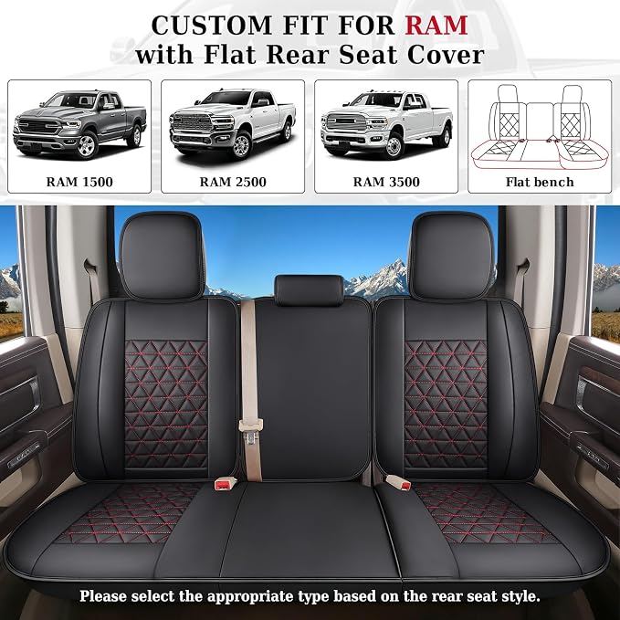 Coverado Leather Car Seat Covers, Waterproof Dooge Ram 1500 Seat Covers Compatible with 2002-2026 Dodge Ram 1500 2500 3500 with Flat Bench (Full Set, Black&Red line)