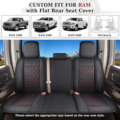 Coverado Leather Car Seat Covers, Waterproof Dooge Ram 1500 Seat Covers Compatible with 2002-2026 Dodge Ram 1500 2500 3500 with Flat Bench (Full Set, Black&Red line)