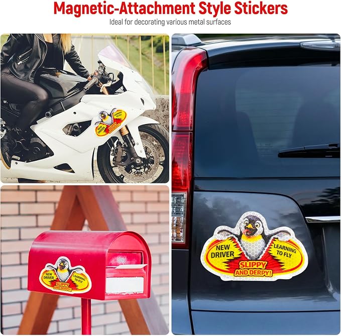 3 Pcs Reflective Student Driver Magnet and Stickers Set - Funny Animal New Driver Safety Signs for Car, Waterproof & Weatherproof High Visibility Vehicle Bumper Decals, Magnet + Stickers (Penguin)
