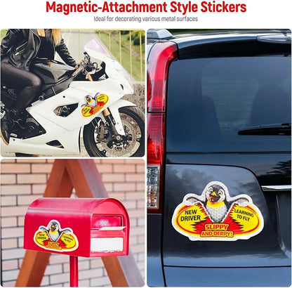 3 Pcs Reflective Student Driver Magnet and Stickers Set - Funny Animal New Driver Safety Signs for Car, Waterproof & Weatherproof High Visibility Vehicle Bumper Decals, Magnet + Stickers (Penguin)