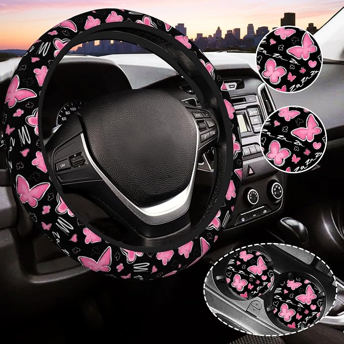 Pink Butterfly Steering Wheel Cover for Women, Universal Auto Steering Wheel 14-15 Inch Car Interior Accessories with 2PCS Car Coasters, Suitable for Men and Women