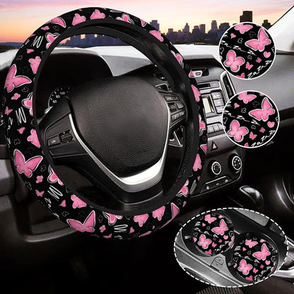 Pink Butterfly Steering Wheel Cover for Women, Universal Auto Steering Wheel 14-15 Inch Car Interior Accessories with 2PCS Car Coasters, Suitable for Men and Women