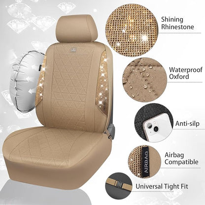 CAR PASS Beige Oxford Bling Diamond Car Seat Covers Full Set Interior Sets, Waterproof Shining Glitter Sparkly Crystal Universal Armrest Fit 95% Automotive Truck SUV Cute Women Girl, Beige Rhinestone