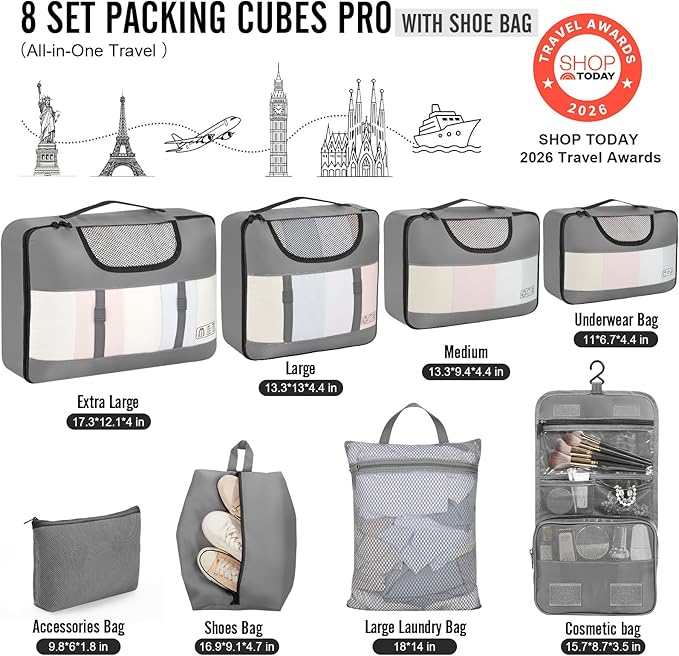 Veken 8 Set Packing Cubes for Travel Essentials, Suitcase Organizer Bags in 4 Sizes, Carry-On Luggage Accessories with Large Laundry & Hanging Toiletry Bag, Must-Have for Airplane, Road Trip & Camping
