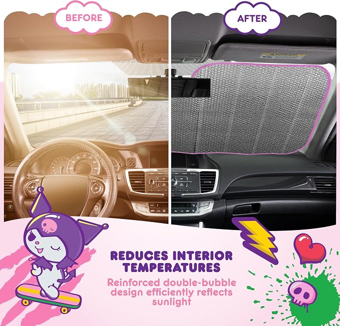 Carbella Hello Kitty and Friends Car Windshield Sun Shade, Official Sanrio Accordion Style Sunshade for Car Window, Cute Car Sun Shade Windshield, Hello Kitty Car Accessories for Women (HK & Friends)