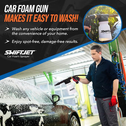 SwiftJet Car Wash Foam Gun + Microfiber Wash Mitt - Works with Any Soap - Garden Hose Car Foam Sprayer - Foam Cannon Car Wash Kit - Car Accessories Foam Blaster (Black Foam Gun with Mitt)