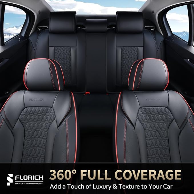 FLORICH Seat Covers, Car Seat Covers Full Set, Luxury Nappa Leather Seat Covers, Breathable and Waterproof Car Seat Protector 5 Seat, Automotive Seat Covers Universal Fit for Most Cars-BlackRedline