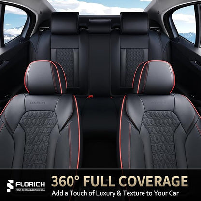 FLORICH Seat Covers, Car Seat Covers Full Set, Luxury Nappa Leather Seat Covers, Breathable and Waterproof Car Seat Protector 5 Seat, Automotive Seat Covers Universal Fit for Most Cars-BlackRedline