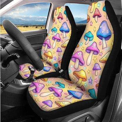 Cute Mushroom Car Seat Covers Full Set for Women,Auto Steering Wheel Cover Armrest Cushion Head Rest Protector Seat Belt Covers with Keychain,Universal Fit Cars SUV Trucks,14 Pack,Yellow