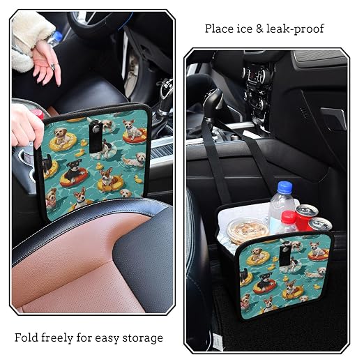 Car Trash Can Organizer Bin with Adjustable Strap for Back Front Seat Console Waterproof Leakproof Collapsible Portable 11 Inch Teal Swimming Pool Dogs and Ducks