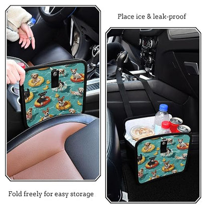 Car Trash Can Organizer Bin with Adjustable Strap for Back Front Seat Console Waterproof Leakproof Collapsible Portable 11 Inch Teal Swimming Pool Dogs and Ducks