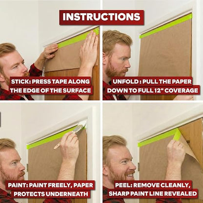 XFasten Pre Taped Masking Paper for Painting 12 Inches x 50 Feet Single Roll Thick Painters Paper with Tape for Cars, Walls, Auto Body — Thick Kraft, Clean Removal Painters Drape with Tape