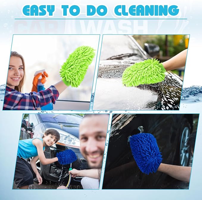Toulite 16 Pcs Car Wash Mitt Chenille Microfiber Wash Mitt Double Sided Glove Cleaning Drying Mitts (7.48 x 10.24 Inch,Royal Blue,Green)