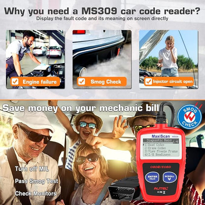 Autel OBD2 Scanner MS309 Universal OBD II Scanner Car Engine Fault Code Reader CAN Diagnostic Scan Tool, Read and Clear Error Codes for 1996 or Newer OBD2 Protocol Vehicle