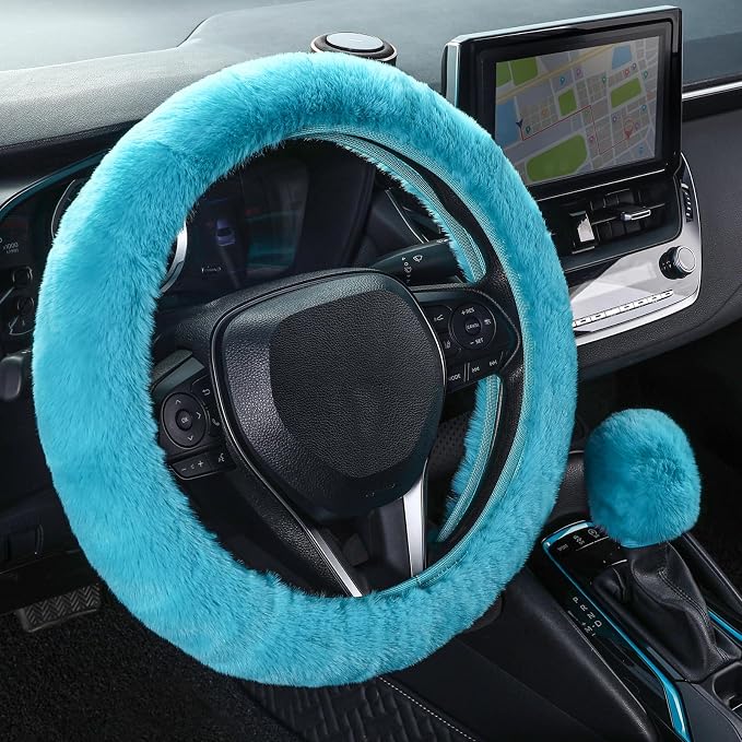 SEG Direct Furry Car Steering Wheel Cover with Gear Shift Cover, Soft and Warm, Cute Fluffy Auto Decor for Women Men, Standard Size, 2 PCS Set, Cyan