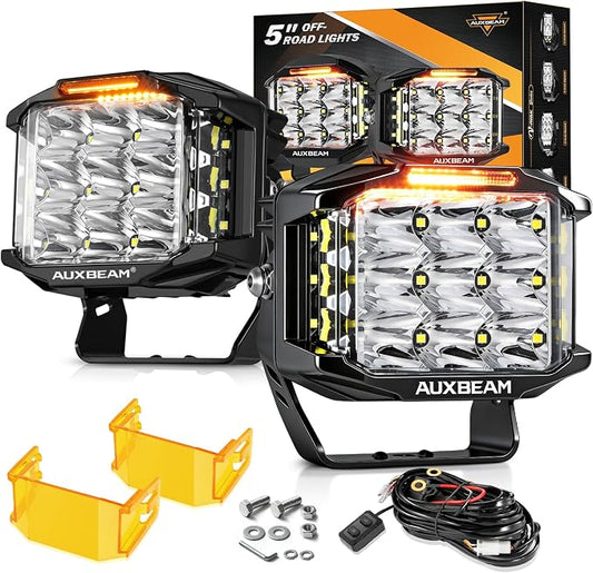 Auxbeam 5" 168W LED Cube Pods Offroad Driving Light with Amber Covers, 16440LM Bright Square Offroad Lights with Side Shooter 270° Combo Beam Ditch Light, DRL for Jeep ATV Wrangler Ford Truck Pickup