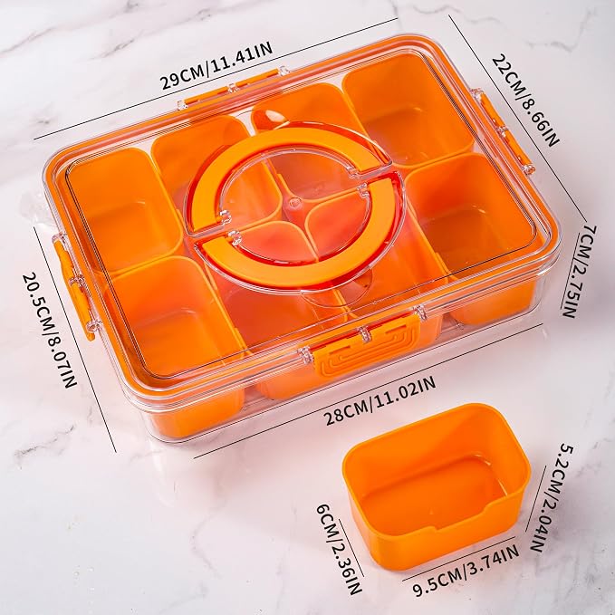 WACOI Divided Snack Serving Tray with Lid and Handle Travel Snackle Charcuterie Container Portable Storage Organizer for Candy, Fruits, Nuts, Snacks, Party, Picnic (1pack, Orange)