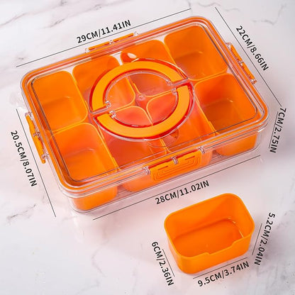 WACOI Divided Snack Serving Tray with Lid and Handle Travel Snackle Charcuterie Container Portable Storage Organizer for Candy, Fruits, Nuts, Snacks, Party, Picnic (1pack, Orange)
