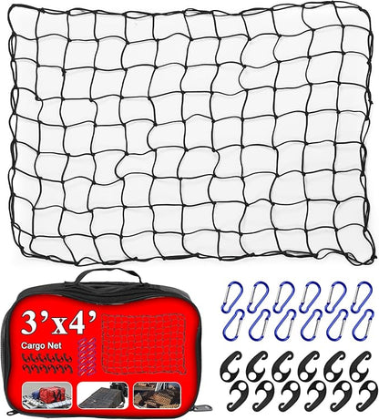 3’x4’ Truck Cargo Net Stretches to 6' x 7' with 4"x4" Mesh Grid Super Duty Bungee Heavy Duty Bed Netting for Truck Bed Stretches with 12 Adjustable Metal Carabiners by Cenipar