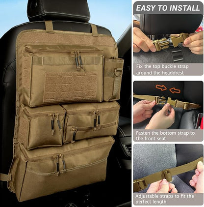Tactical Seat Back Organizer Heavy Duty MOLLE Panel Organizer with Multiple Pockets & Hook Loop Panel for EDC Gear, Road Trip Essentials, Universal Fit for Car SUV Truck Jeep (Mud)