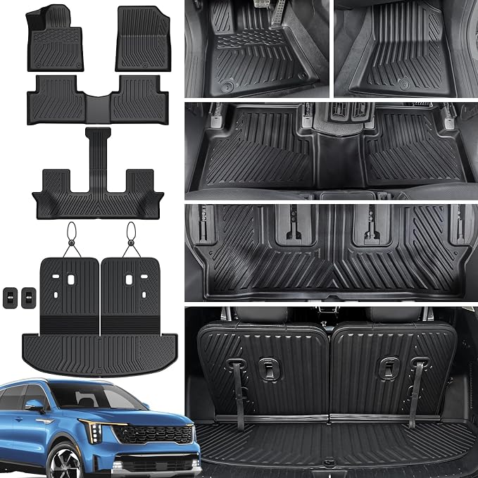 Floor Mats Set for 2021-2024 2025 2026 Kia Sorento Gasoline 6/7 Seats (Not Fit Hybrid), All Weather TPE Backrest Mat Cargo Liner Trunk Mat Accessories, Waterproof and Durable Car Mats