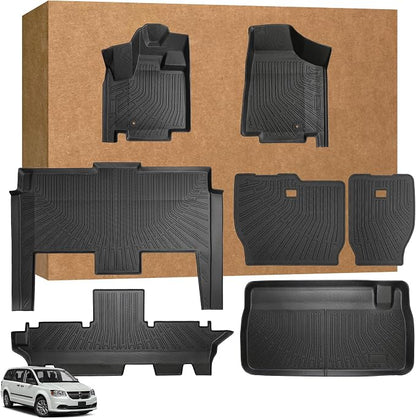 Floor Mats Full Set for Dodge Grand Caravan 2008-2021 & for Chrysler Town & Country 2008-2016(ONLY Stow'n Go), TPE All Weather Protection Custom Fit Floor Liners & Backrest Mat & Cargo Liner