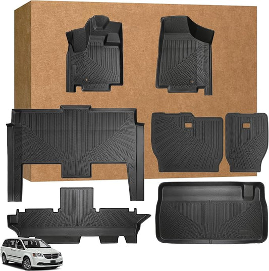 Floor Mats Full Set for Dodge Grand Caravan 2008-2021 & for Chrysler Town & Country 2008-2016(ONLY Stow'n Go), TPE All Weather Protection Custom Fit Floor Liners & Backrest Mat & Cargo Liner