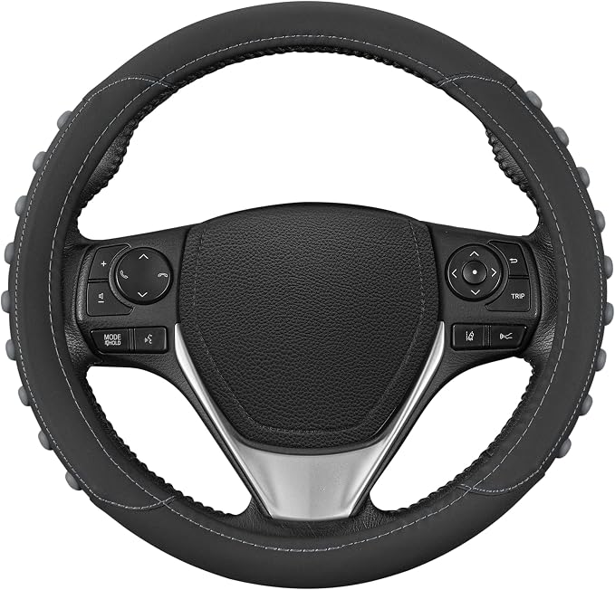 Motor Trend FlexGrip Gray Steering Wheel Cover for Cars – Standard 15 inch Car Steering Wheel Cover, Gray and Black Steering Wheel Protector for Auto Truck Van SUV